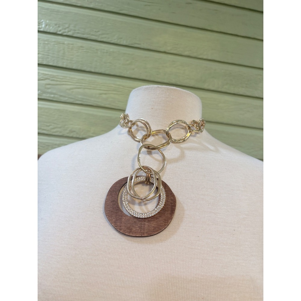 Lane Bryant Gold Tone Statement Necklace Wood Pendant Rhinestones J725